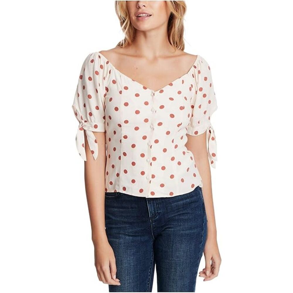 1 State Cream Crepe Polka Dot V-neck Short‎ Puff Sleeve Blouse Women's S